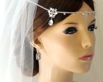 Silver Wedding Bridal Tiara, Kim Kardashian inspired headpiece, Rhinestone Crystal Forehead Bridal Hair Accessories