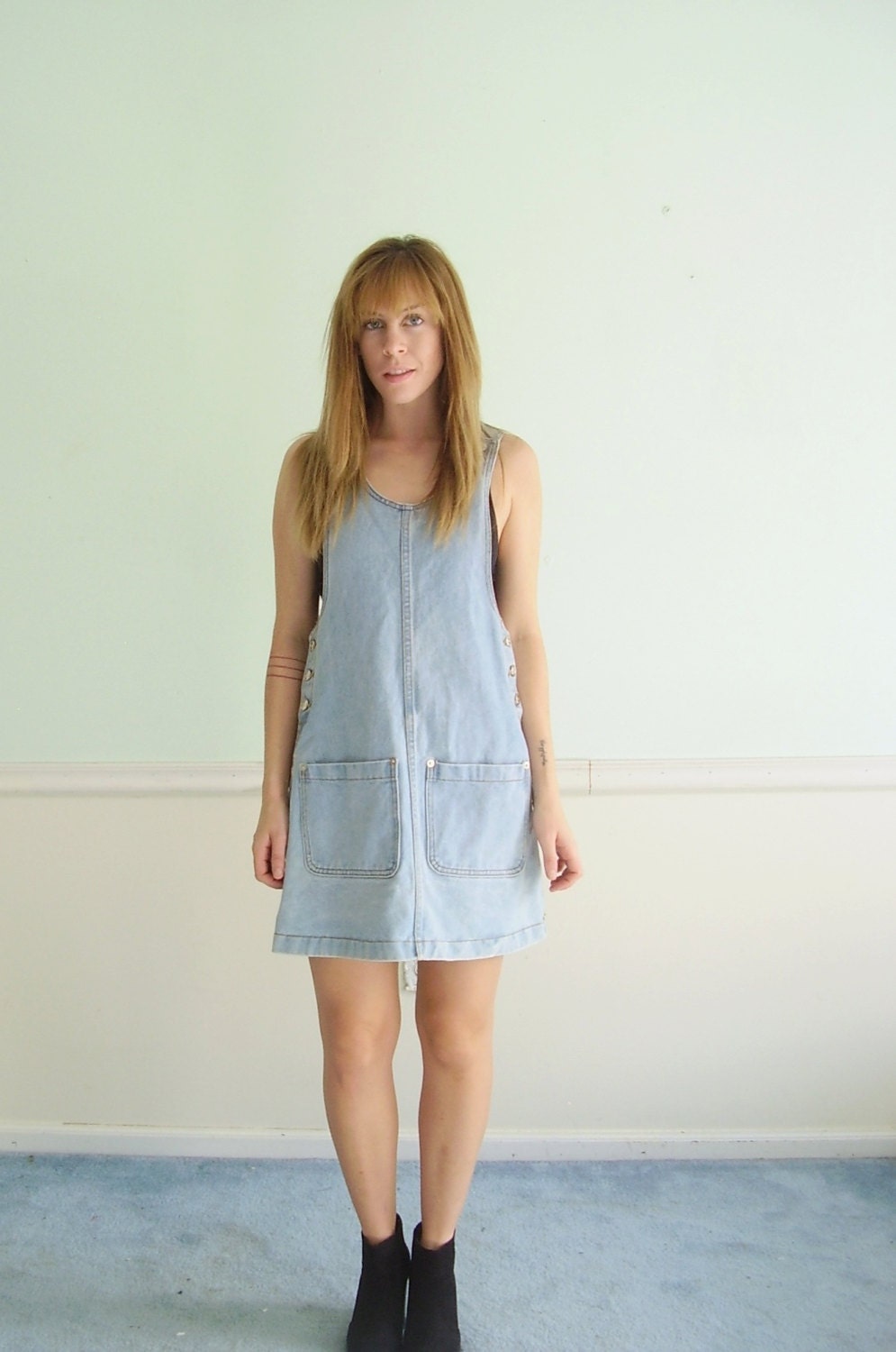 90s Denim Overalls Mini Jumper Dress Vintage SMALL S 90s Denim Overalls Mini Jumper Dress Vintage SMALL S