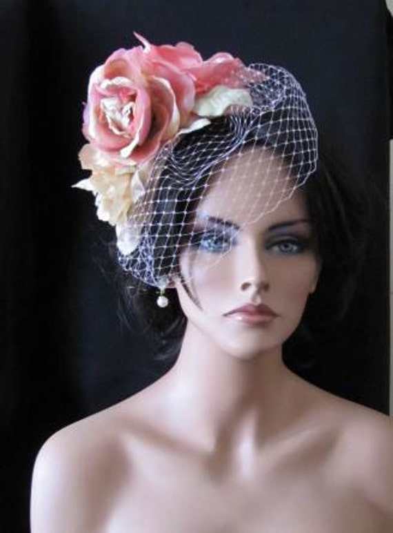 Items similar to Blush vintage style Wedding headband hat ...