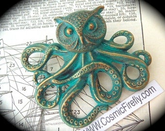 Owlctopus Pin Verdigris Green Owl Octopus Brooch Owlctopus Brooch Half Owl Half Octopus Rustic Green Original Design Gothic Steampunk Pin