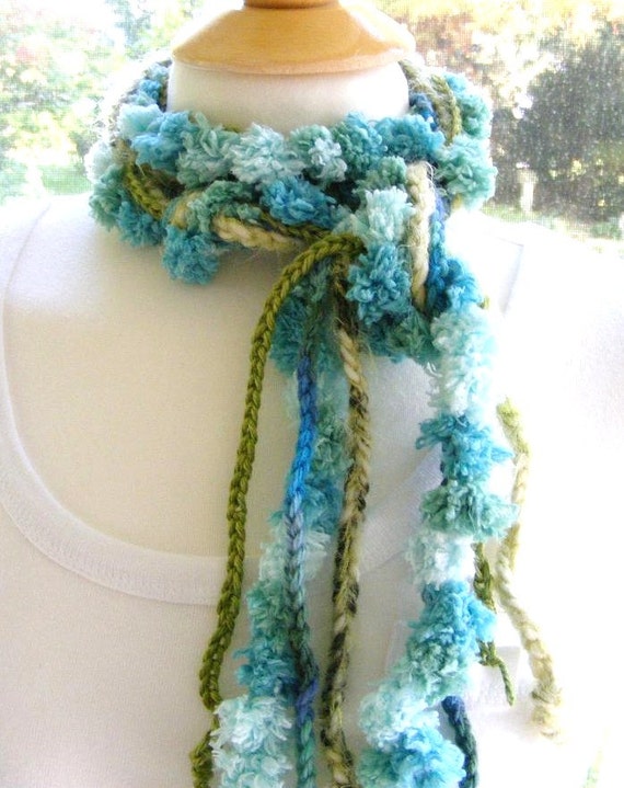 Crochet Long Skinny Knotted Scarf Turquoise Olive by meiguidesigns