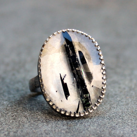 Rutilated Quartz Ring - Faceted Rose Cut Quartz Sterling Silver - Fancy Bezel - Tourmalinated Quartz Silver Ring - Hammered Band - US 9.5