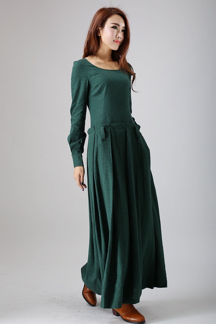Green Dress Maxi linen dress Long dress long sleeve dress