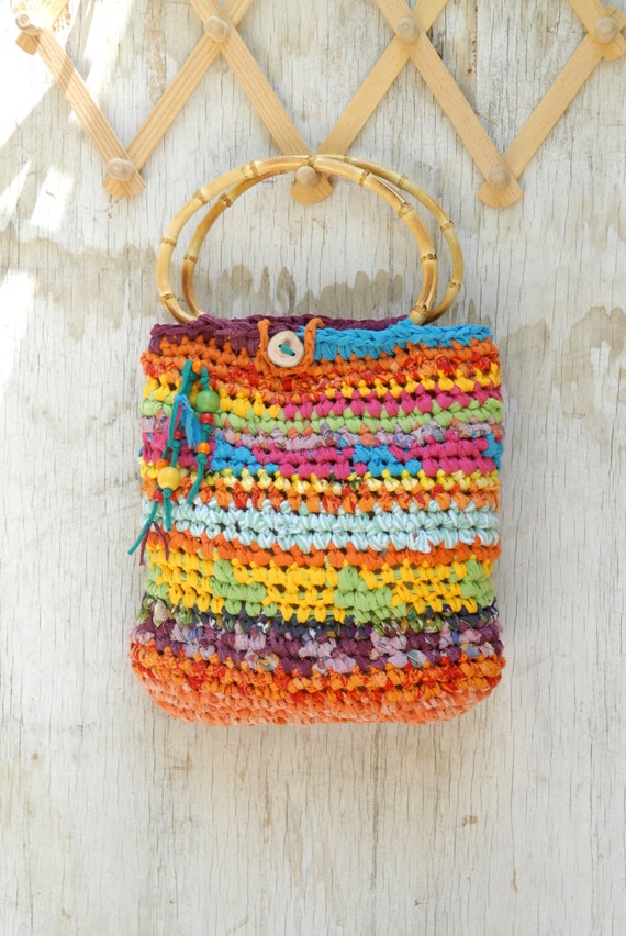Colorful crocheted purse with bamboo handles Joyful summer