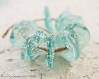 Rustic Aquamarine Blue Green Coin Disks, Handmade Lampwork Beads, Aged Patina, faux Roman Glass