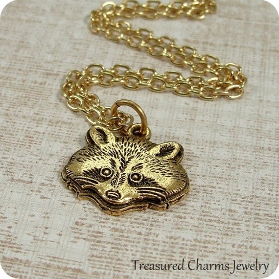 Raccoon Necklace Gold Raccoon Face Charm on a Gold Cable