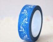 Blue Washi Tape - White Flowers - 1 Roll - 10 mt - Ready to Ship.