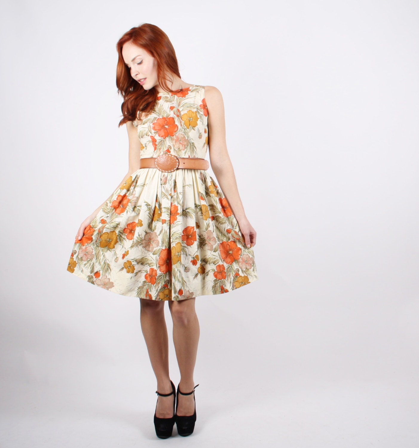 50s Orange Rose Floral Dress 1950s Orange Dress 50s Floral