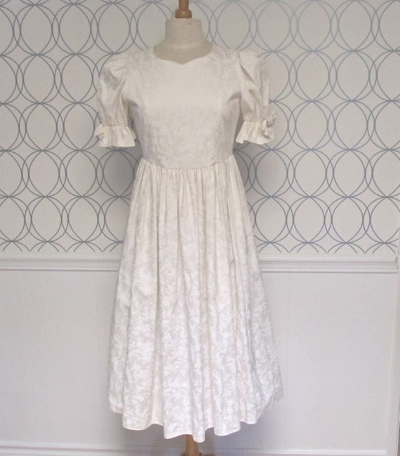 Vintage Laura Ashley White Damask Dress Ivory Puffy Sleeve