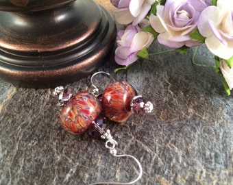 Orange Earrings, Purple Earrings, Beadwork Earrings, Red Earrings, Glass Earrings, Lampwork Bead Earrings, Lampwork Earrings, Boro Earrings
