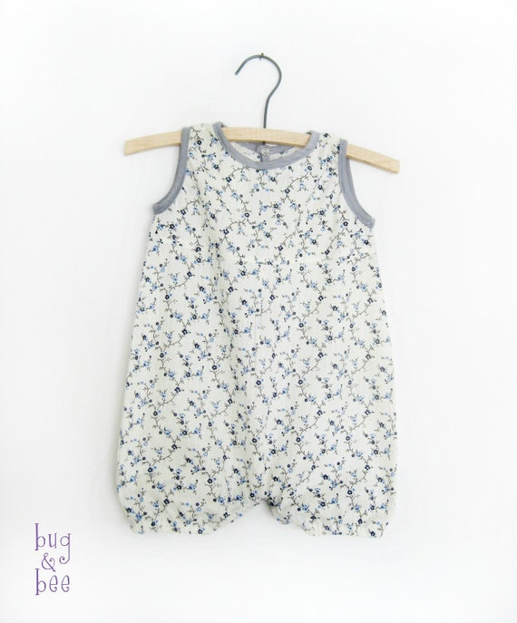 Sale Baby Girl Summer Romper Grey and Blue Flowers on White