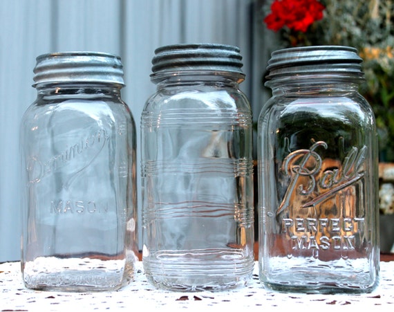 3 Vintage Square 1-Quart Mason Jars w/ ZINC Lids Ribbed Ball