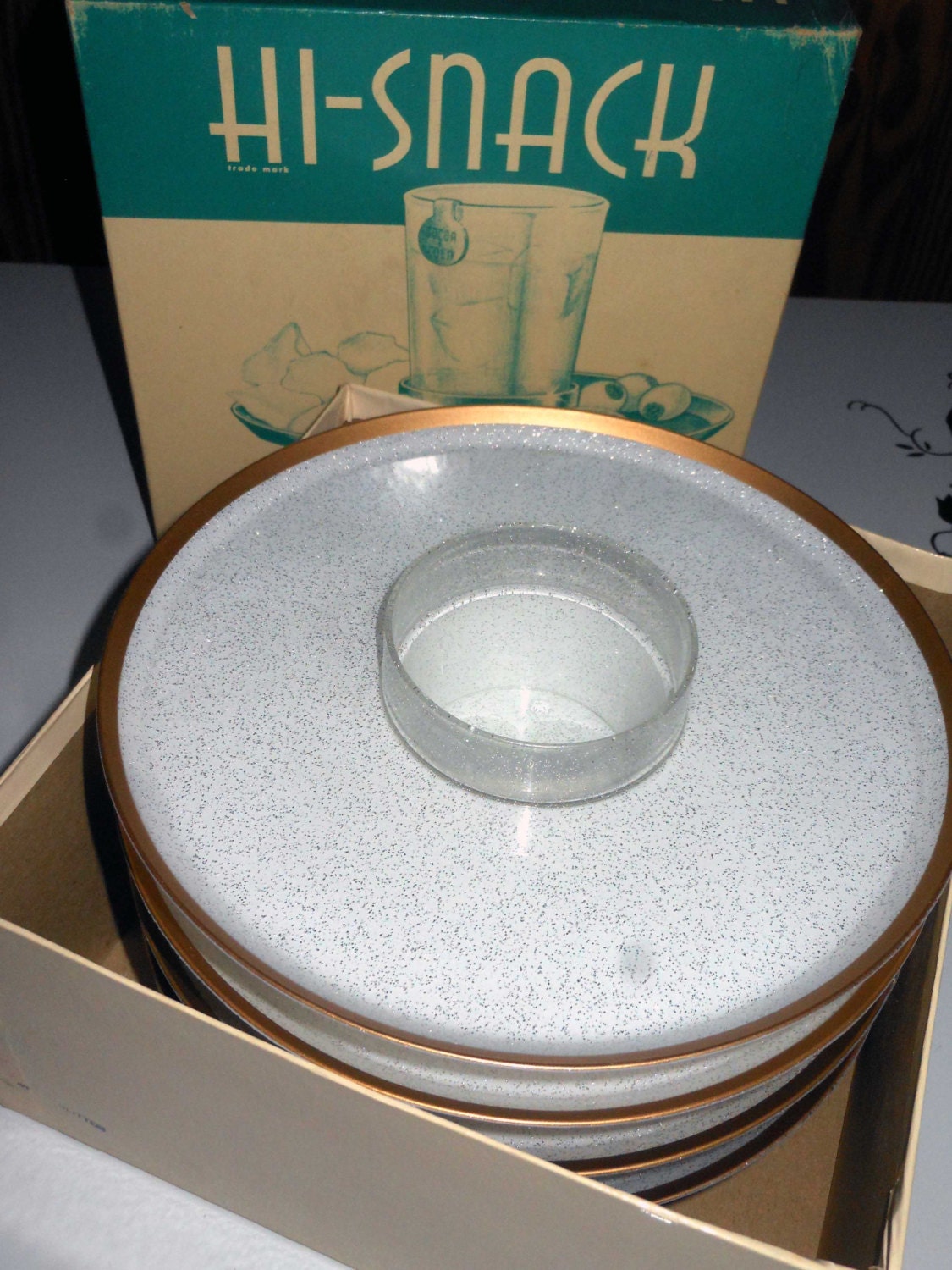 Mid Century Hi Snack Tray Set Vintage Plates with Coasters Cup Holder