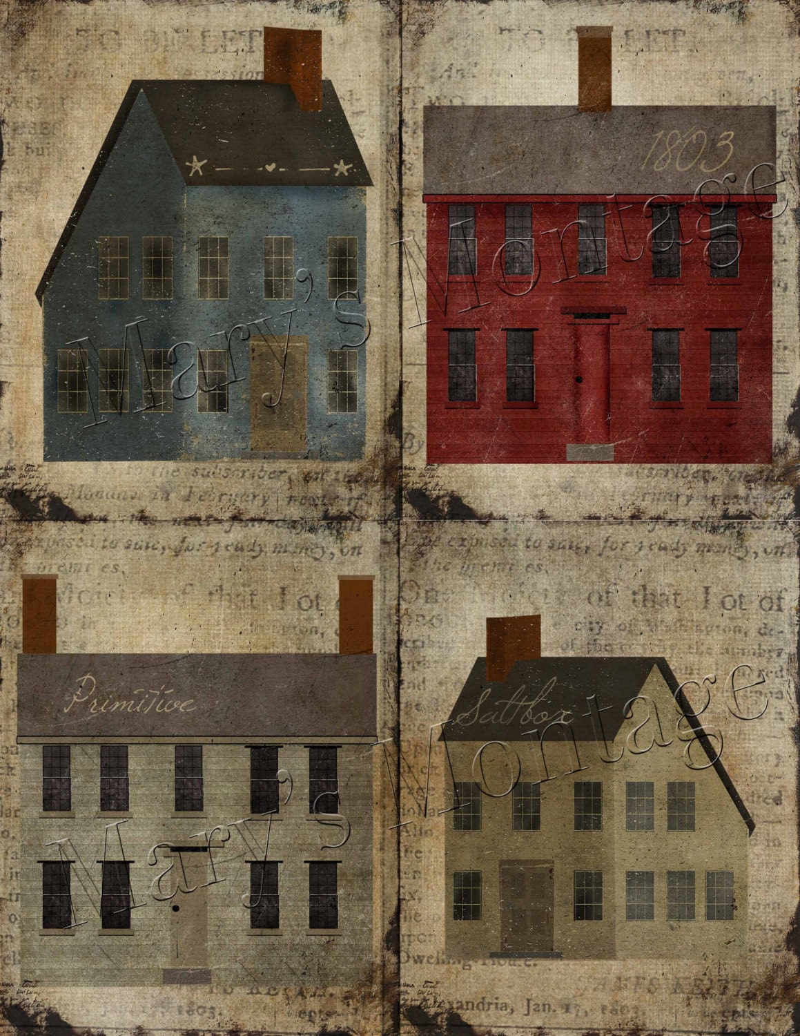 Primitive Saltbox Houses Art sheet Instant download