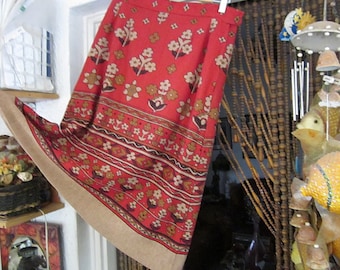 Oriental Red & Tan Bell Shaped Skirt, Adorned with Floral and Tribal Patterns, Vintage - Medium