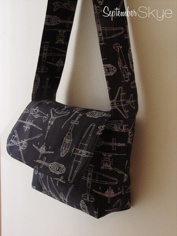 Little Boy Messenger Bag in Charcoal and Gray FlyBoy Airplane Print