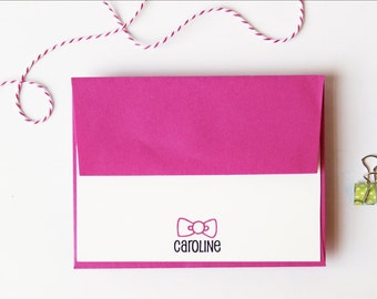 Kids Personalized Stationery Custom Stationary Girls Pink Bow Note Cards Little Girl Thank You Notes Custom Kids Stationery / Set of 10