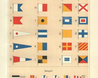 Antique print NAUTICAL FLAGS chart signal semaphore flags wall decor