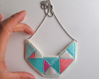 Embroidered necklace geometric small bib triangles in beautiful colors of mint greens and pinks bold design