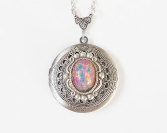 Silver Locket necklace.Pink Fire Opal Necklace-photo locket opal locket-gift for her .silver locket,Mother's Day gift bridesmaid gift