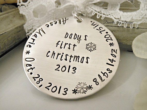 Baby's First Christmas - Christmas Ornament - Handstamped Personalized Custom Kids Baby Feet Snowflake Ornament