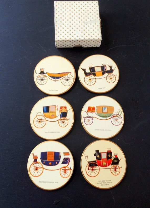 Vintage Drink Coasters Set Cork Bottom Carriages
