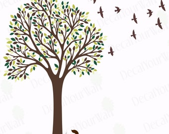 Tree Wall Decal Nursery Decals Bird Stickers Kids Room Large Removable Vinyl Mural Wall Art Decor Cute Squirrel Change Leaves Seasonally