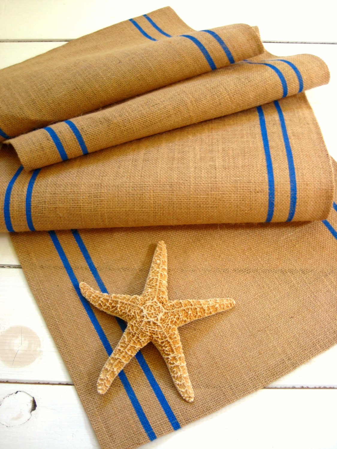 Burlap Table Runner with Royal Blue Stripes /Grainsack Table