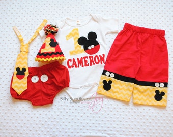 Mickey Mouse Birthday Outfit & Cake Smash Outfit - Free Personalized Shirt, Pants with Real Buttons, Neck Tie, Party Hat, and Diaper Cover