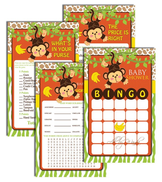 baby shower bingo monkey Games Animal Monkey Baby Shower Shower Baby INSTANT Games Safari