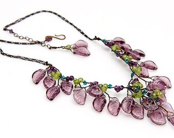 Purple Beaded Necklace, Flower Necklace, Leaf Necklace, Nature Jewelry