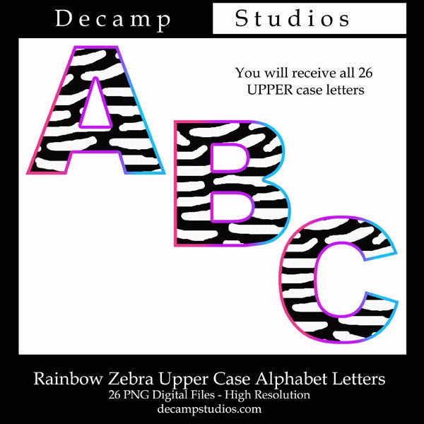 rainbow zebra alphabet letters digital clipart graphics design