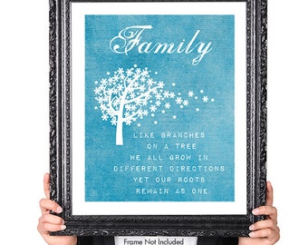 Modern Family Quote Print, Family Tree Print, Gift for Wife Husband, 50th Anniversary Gift, Graduation Gift, Moving Away Gift, Blue, 8x10