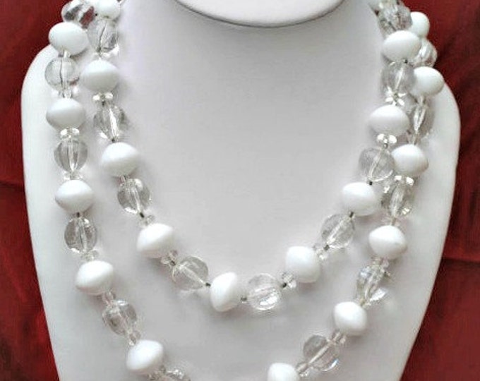 Trifari necklace double strand white and clear Lucite plastic beads