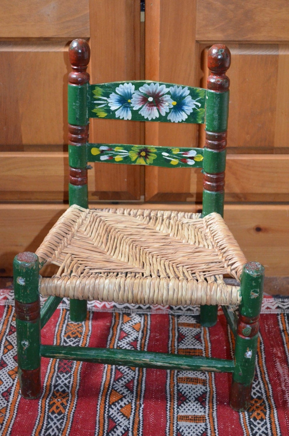 Old Hand-Painted Vintage Mexican Chair for Children Green