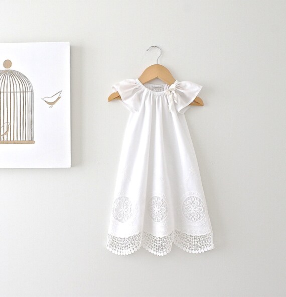 Baby Girl Long Baptism Dress-Antique White and Lace Cotton