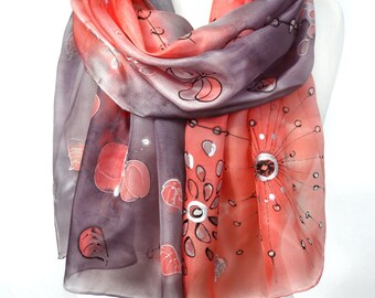 Silk Scarf. Hand Painted Silk Scarf. Unique Gift. Coral Red Scarf. Eggplant Silk Shawl. Woman GIft. Art on Silk. 18x71in MADE to ORDER