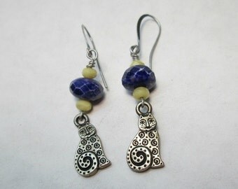 Folk Art Cat Dangle Earrings with Cobalt Blue Czech Glass Bead