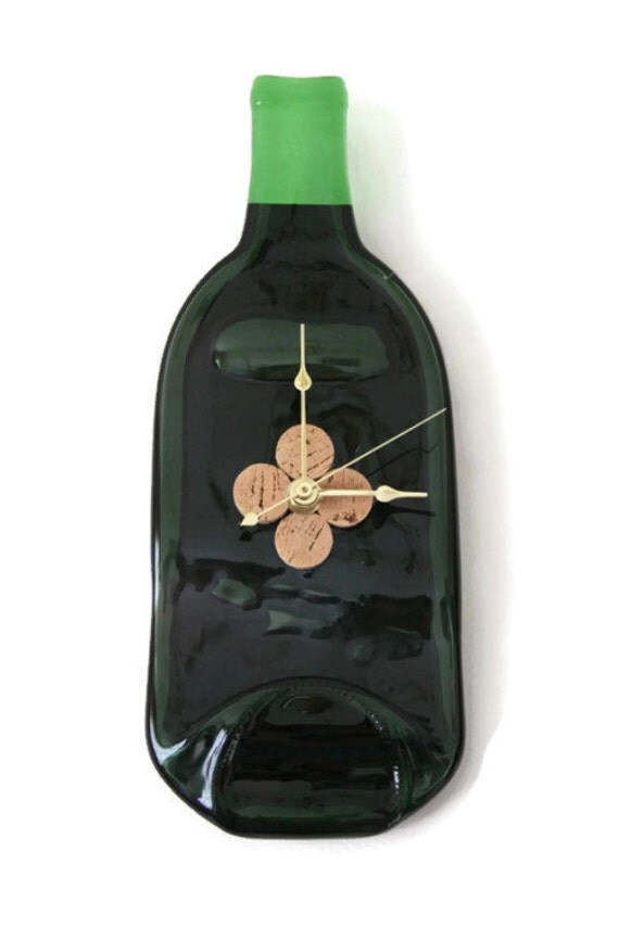 Melted Wine Bottle Clock Green Bottle Cork Wall Clock Recycled