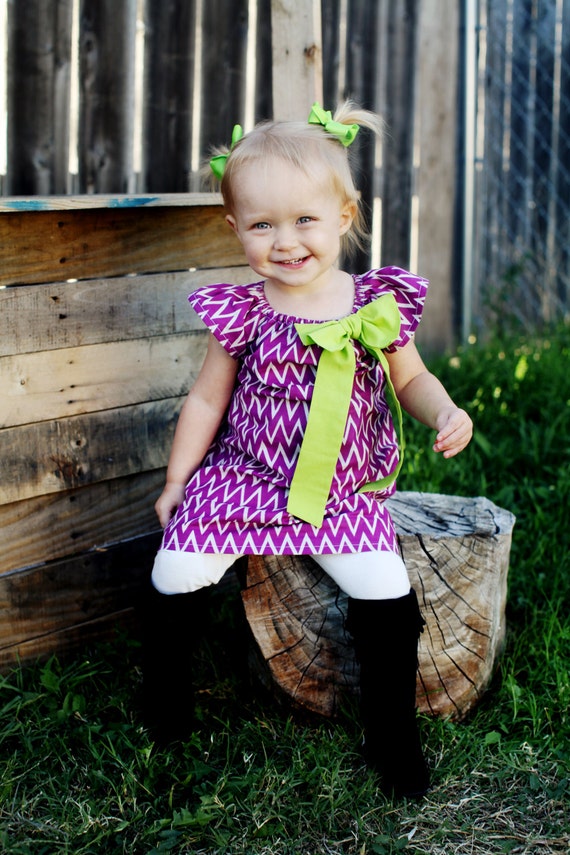 Purple Chevron Lime Green Bow Peasant Dress Baby Girl