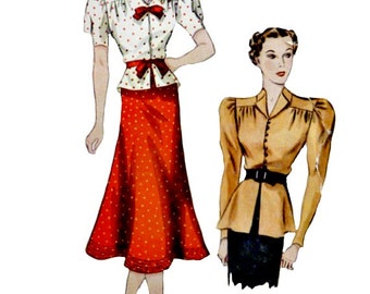 Vintage 1930's Two Piece Dress Blouse Sewing Pattern Bust 32 Optional Peplum Tulip Shaped Skirt Standing Collar Simplicity 2312 Non Printed