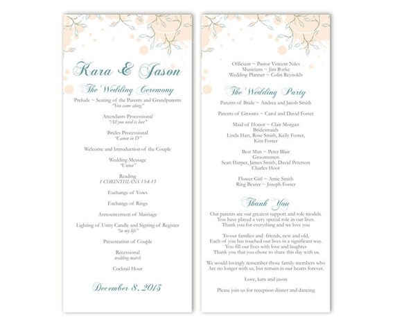 Wedding Program Template DIY Editable Text Word File Instant Download Program Peach Program Leaf Program Printable Wedding Program 4x9.25