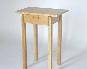 Narrow End Table with Drawer: Tiger Maple Nightstand, Bed Side Table, - Handmade Wood Furniture