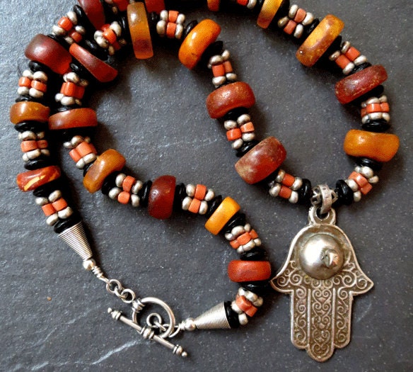 Moroccan Amber and Yemeni Coral Necklace with by GEMILAJewels
