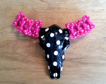 Pink and Black Faux Taxidermy Decorative Cow Skull with Polka Dots & Bows