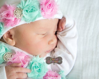Baby Girl Hospital Outfit Photos, New Born Girl Hat Gown Outfit, Girl Baby Newborn Gift Boutique Style Outfit,