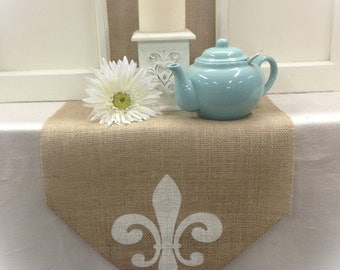 Burlap Table Runner 16" or 18" wide with a Fleur de Lis on each end - Holiday decorating Home decor Wedding runner