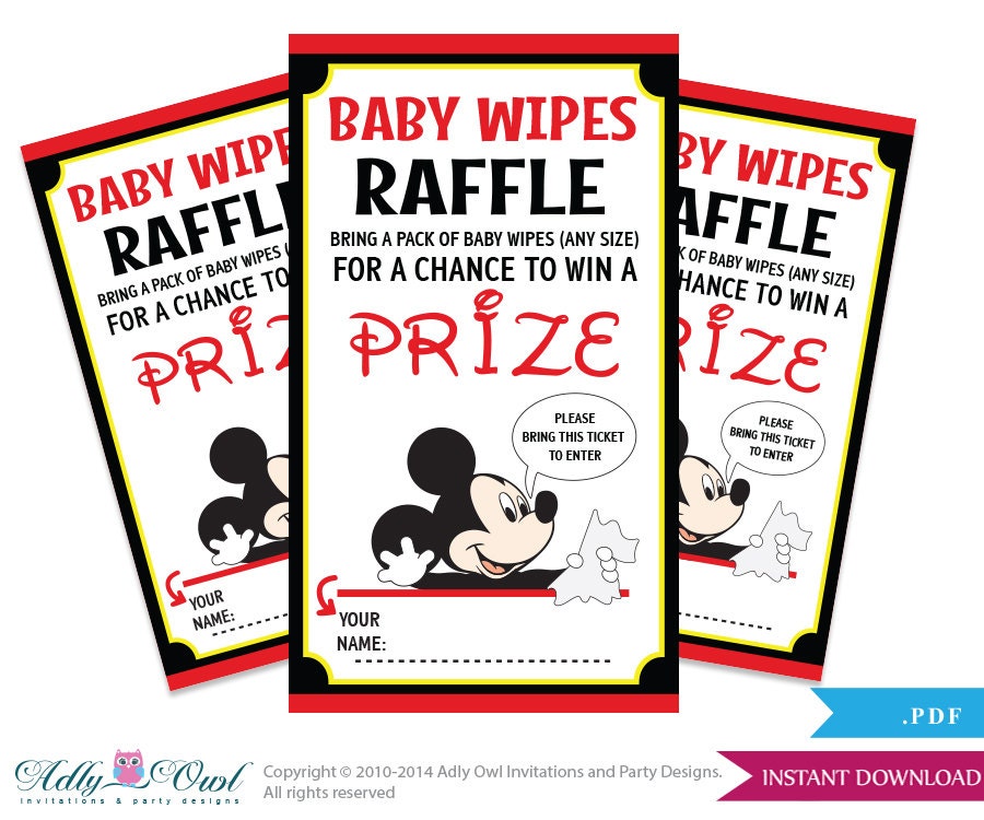 mickey mouse wipes raffle tickets for boy baby shower in red