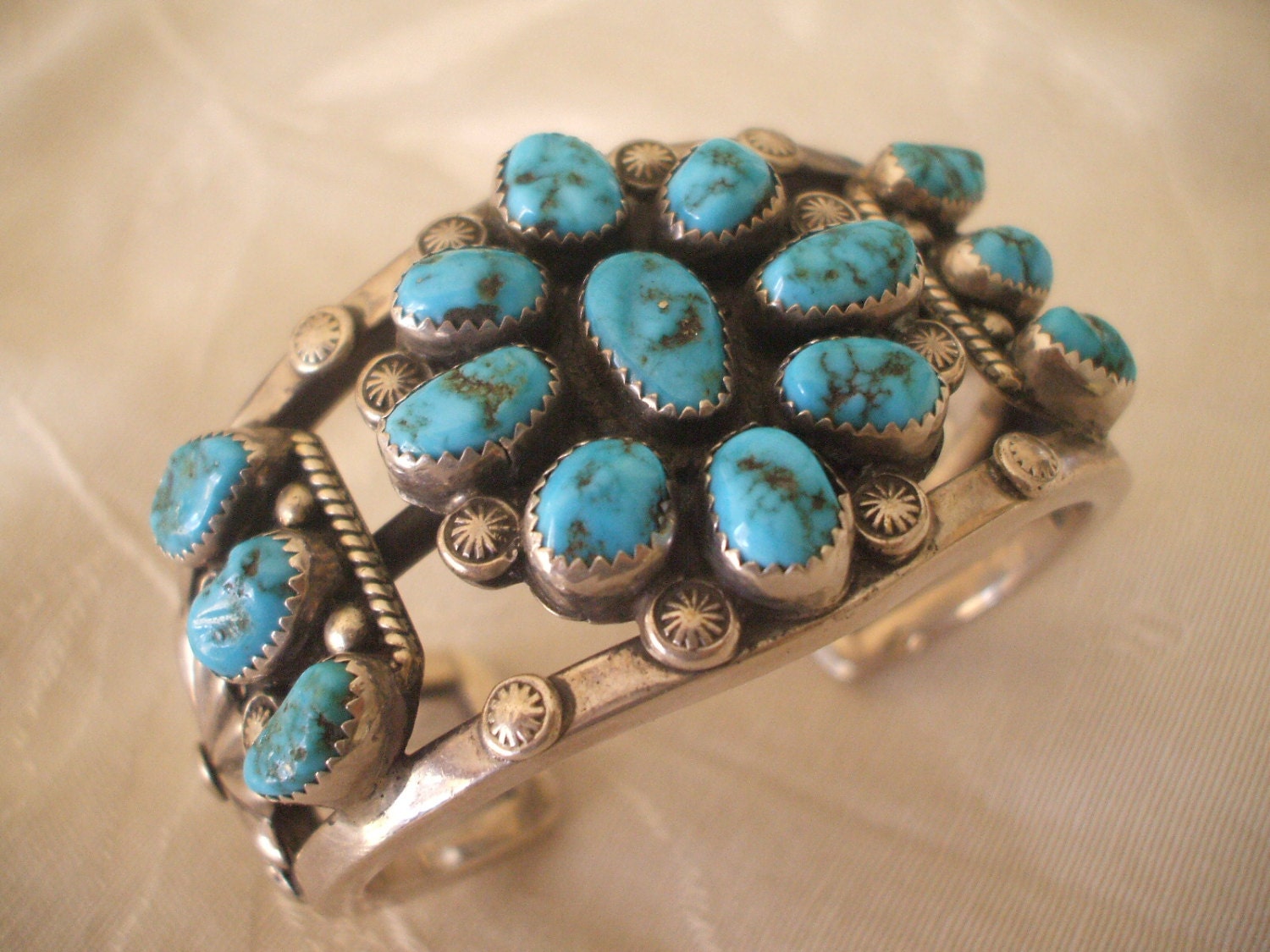 Heavy Signed Vintage Navajo Sterling Silver Turquoise Cluster