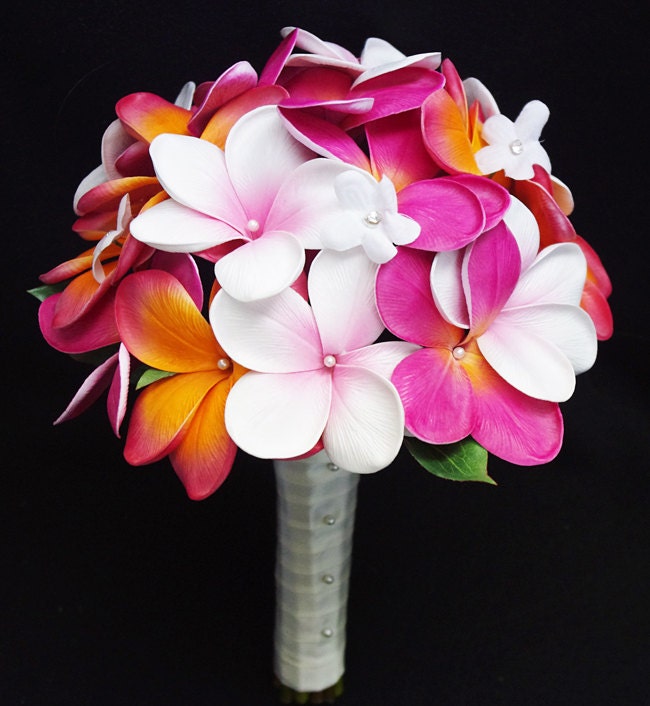 Wedding Silk Plumerias Mix Bridal Bouquet Fuchsia Orange